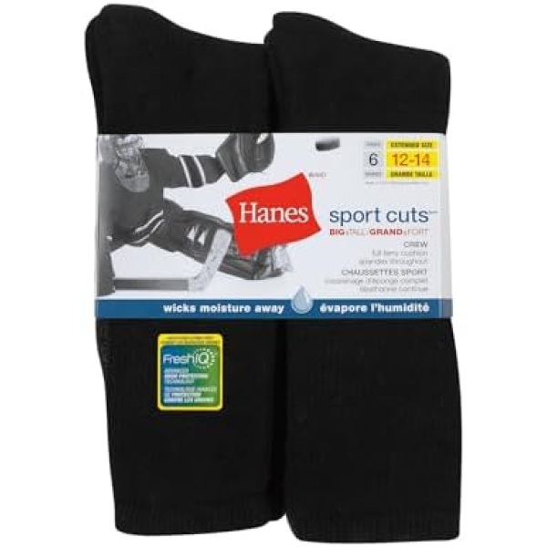 Hanes Men's 6 Pack Big and Tall Crew Sport Cut Sock with Fresh Iq, Black - Image 2