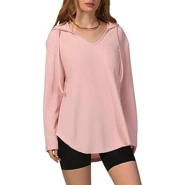 RIROW Womens Tops Long Sleeve Waffle Hoodies Drawstring Sweatshirt - Image 2