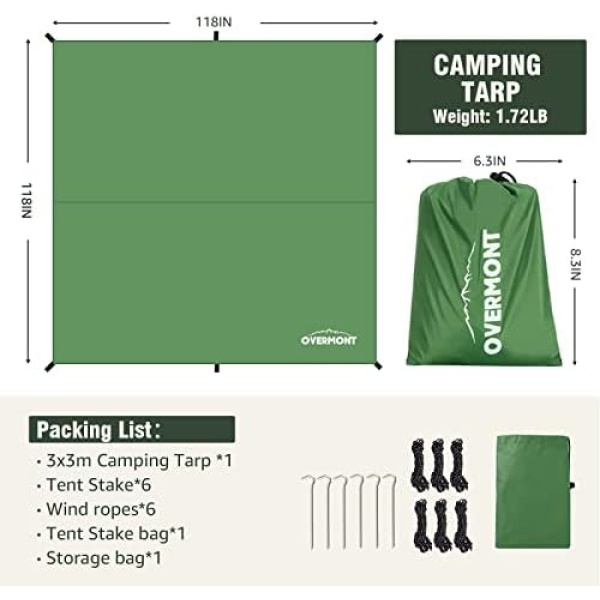 Overmont Camping Tent Tarp 3m x 3m UV Protection and PU 3000 Rain Fly - Image 5