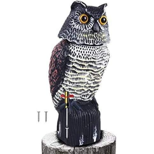 Ohuhu Horned Owl Decoy with 3 Different Tweets & Rotating Head, Fake Owl Scarecrow Statue - Image 4