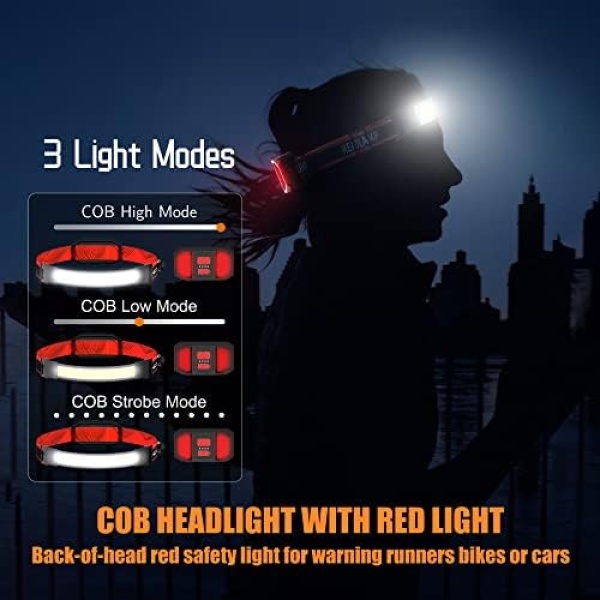 Rechargeable Headlamp,1000 Lumen 230°Wide-Beam Headlamp with Back Red - Image 5