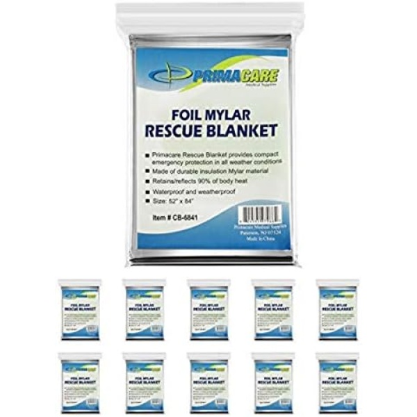 Primacare HB-10 Emergency Foil Mylar Thermal Blanket (Pack of 10), 52"