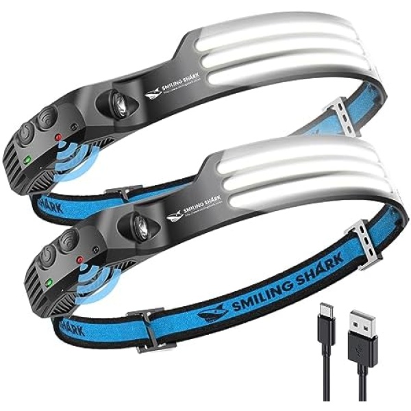 Smiling Shark LED Rechargeable Headlamp, 230°Wide Angle 2 Pack 3*White Light