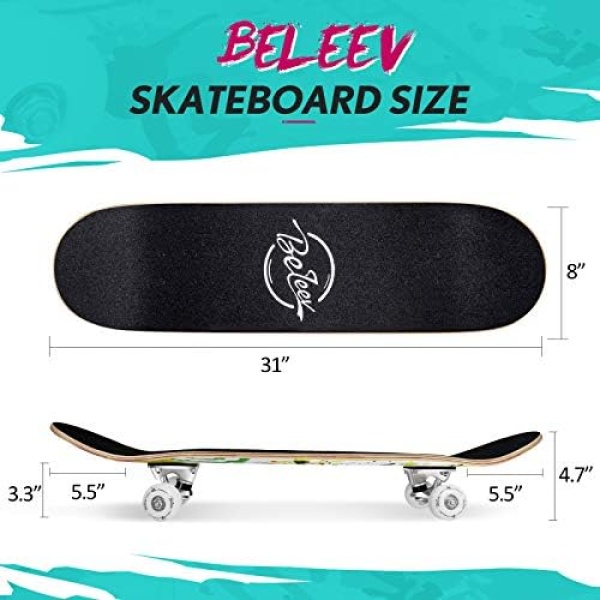 BELEEV Skateboards, 31 x 8 inch Complete Skateboard for Beginners, 7 Layer Canadian Maple - Image 6