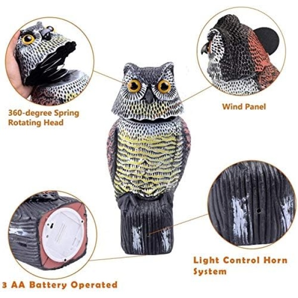 Ohuhu Horned Owl Decoy with 3 Different Tweets & Rotating Head, Fake Owl Scarecrow Statue - Image 2