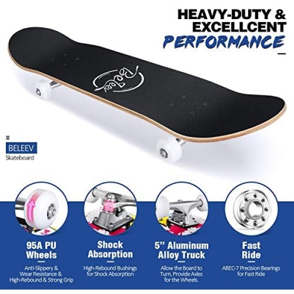 BELEEV Skateboards, 31 x 8 inch Complete Skateboard for Beginners, 7 Layer Canadian Maple - Image 5