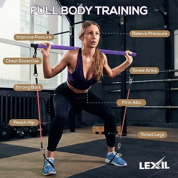 LEXIL Portable Pilates Bar Exercise Kit-Stackable 3 Pairs of Resistance Bands - Image 2