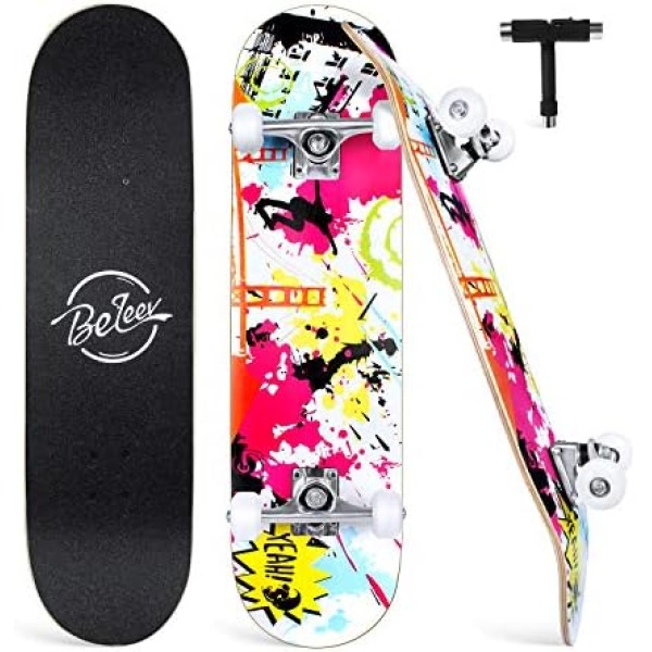 BELEEV Skateboards, 31 x 8 inch Complete Skateboard for Beginners, 7 Layer Canadian Maple