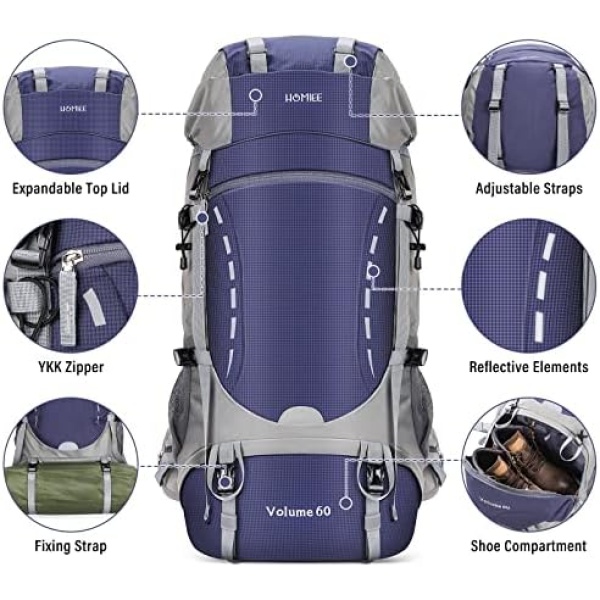 HOMIEE 50-60L Hiking Travel Camping Backpack for Outdoor, Waterproof Lightweight - Image 4