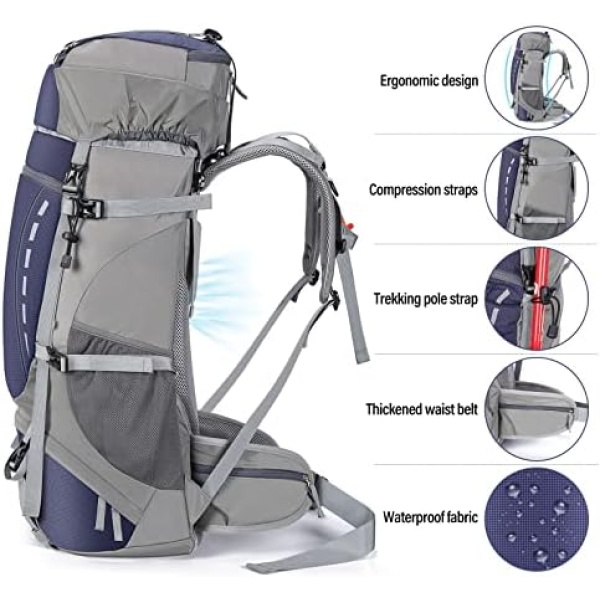 HOMIEE 50-60L Hiking Travel Camping Backpack for Outdoor, Waterproof Lightweight - Image 7