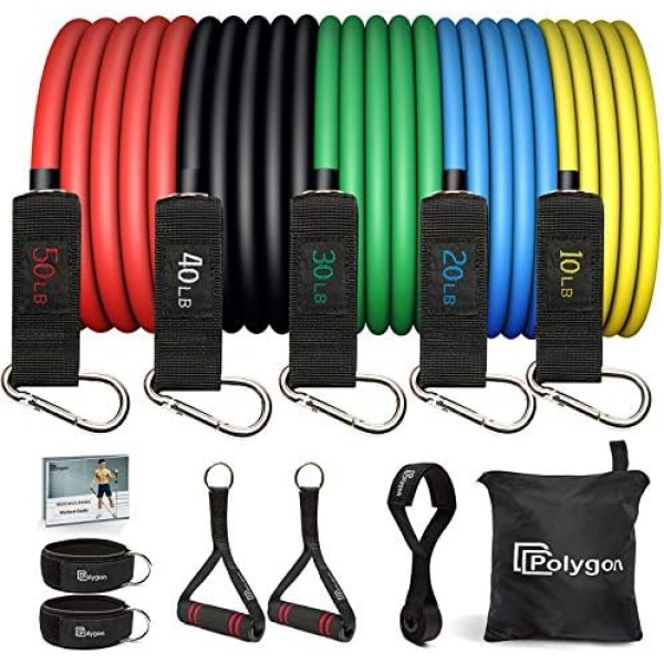 Polygon Resistance Bands Set, Exercise Tubes with Handles, Door Anchor and Ankle