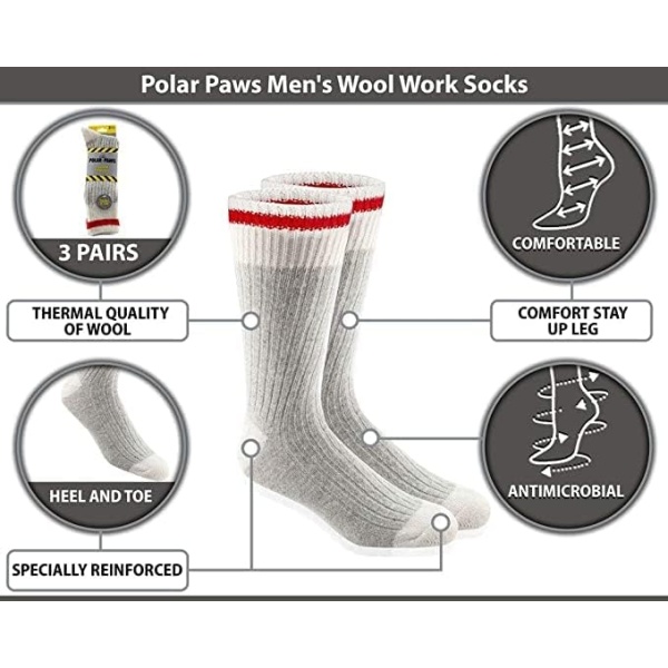 POLAR PAWS MEN WOOL WORK SOCKS 3 PAIRS 7-11 - Image 4