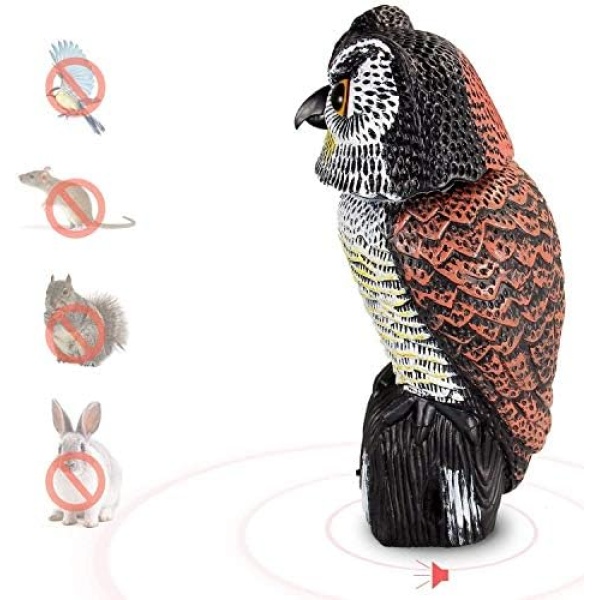 Ohuhu Horned Owl Decoy with 3 Different Tweets & Rotating Head, Fake Owl Scarecrow Statue - Image 3