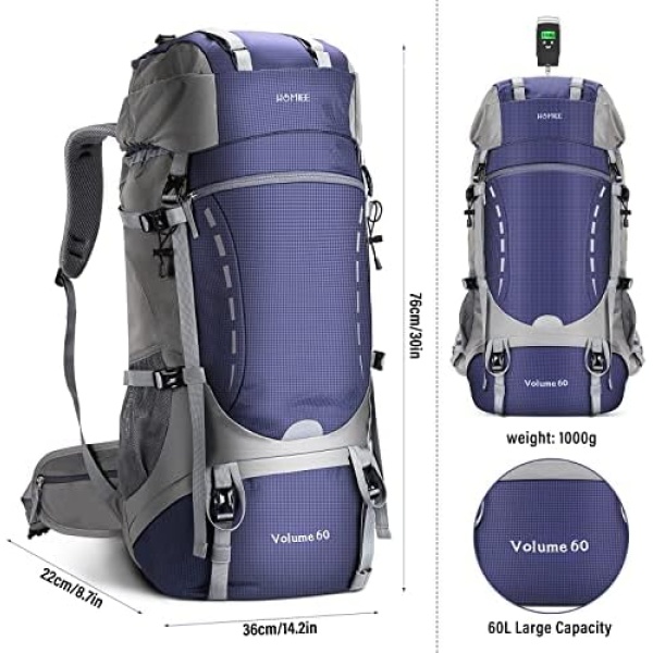 HOMIEE 50-60L Hiking Travel Camping Backpack for Outdoor, Waterproof Lightweight - Image 3