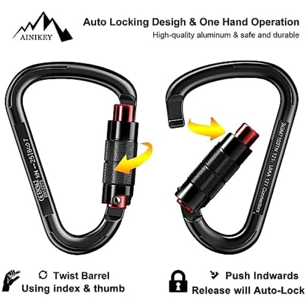 AINIKEY UIAA Certified 25KN Auto Locking Climbing Carabiner Clips, Professional Twist - Image 4