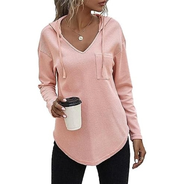 RIROW Womens Tops Long Sleeve Waffle Hoodies Drawstring Sweatshirt