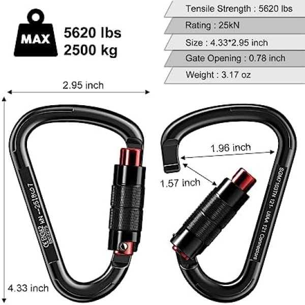 AINIKEY UIAA Certified 25KN Auto Locking Climbing Carabiner Clips, Professional Twist - Image 3