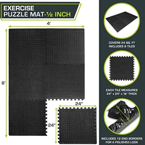 ProsourceFit Exercise Puzzle Mat ½ inch, 24 SQ FT, 6 Tiles, EVA Foam - Image 2