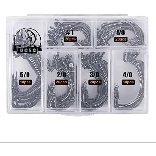 UCEC Fishing Hooks, 100pcs/box Offset Wide Gap 2X Strong Worm