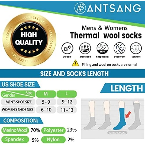 Merino Wool Hiking Socks 5 Pairs for Men & Women Thermal Winter Warm Moisture - Image 6