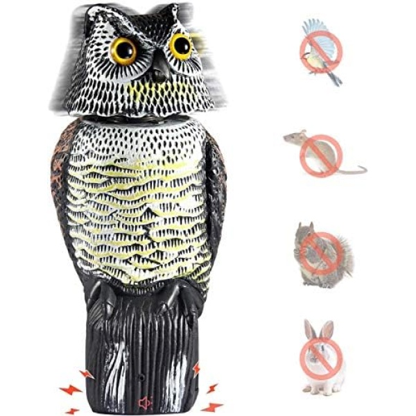 Ohuhu Horned Owl Decoy with 3 Different Tweets & Rotating Head, Fake Owl Scarecrow Statue