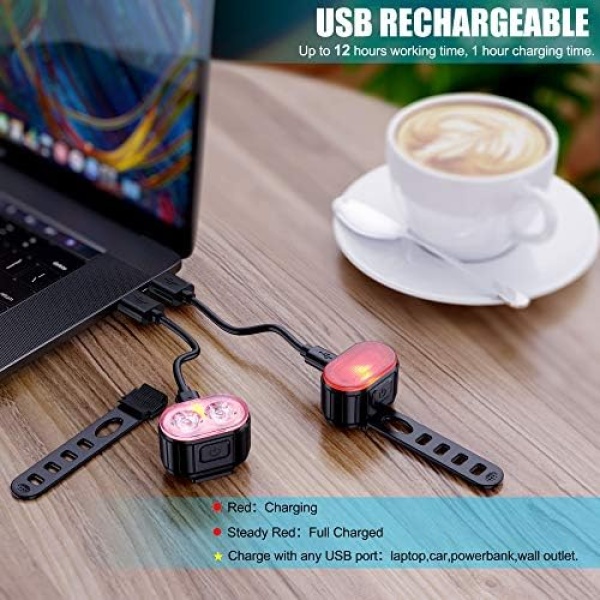 USB Rechargeable Bike Lights Set, Super Bright 2 LED Front and Back Rear Bicycle Light - Image 3