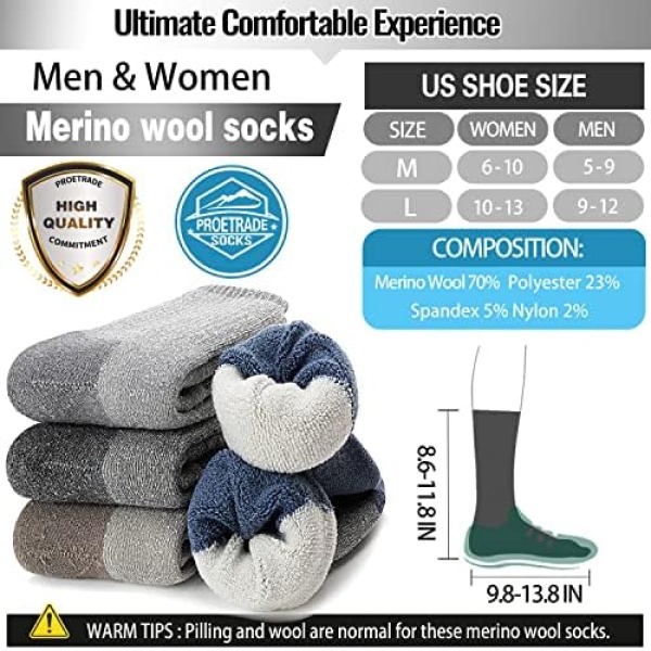 ProEtrade Merino Wool Hiking Socks 4 Pairs for Men & Women Thermal Warm - Image 5