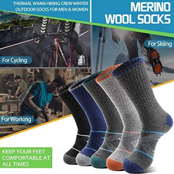 Merino Wool Hiking Socks 5 Pairs for Men & Women Thermal Winter Warm Moisture - Image 7